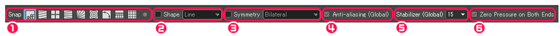 Панель Tool Options Bar в FireAlpaca: Snap, Shape, Symmetry, Anti-aliasing и Stabilizer