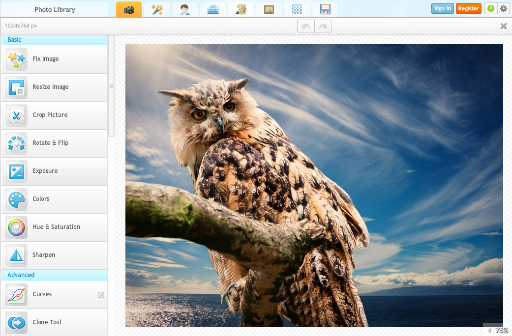 Базовый модуль iPiccy с инструментами Fix Image, Resize Image, Crop Picture, Exposure и Clone Tool