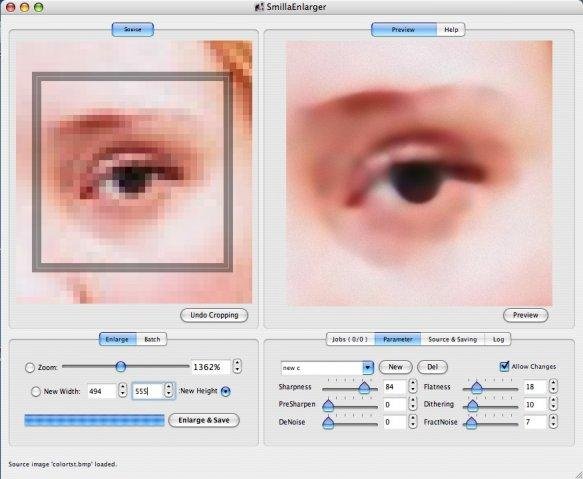 Вкладка Parameter в SmillaEnlarger: предпросмотр увеличенного фрагмента, Sharpness, PreSharpen, DeNoise, Flatness, Dithering, FractNoise