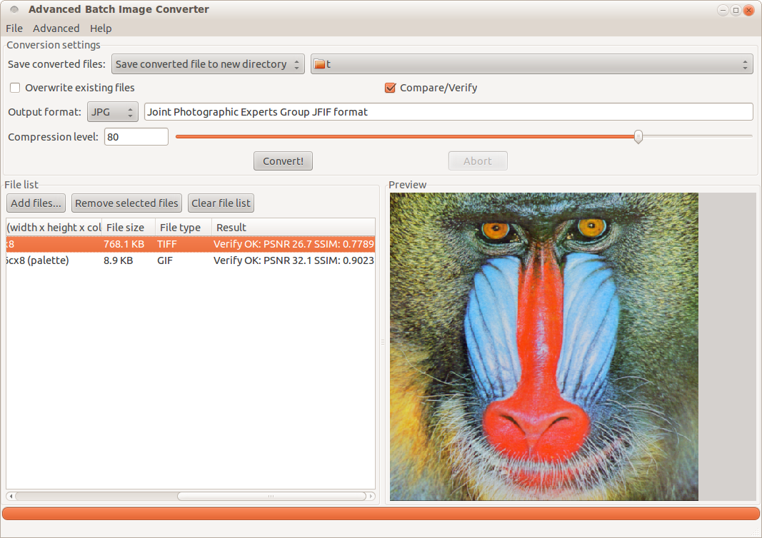 Advanced Batch Image Converter в Linux: включённая опция Compare/Verify и результат Verify OK в списке файлов