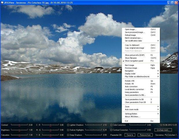 JPEGView с открытым контекстным меню и нижней панелью обработки