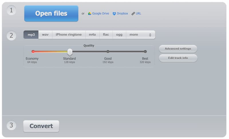 Интерфейс 123apps Audio Converter: Open files, выбор MP3, WAV, M4A, FLAC, OGG, Quality, Advanced settings, Convert