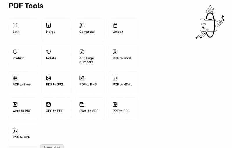 Интерфейс 123apps PDF Tools с инструментами Split, Merge, Compress, Unlock, Protect, Rotate, Add Page Numbers, PDF to Word, PDF to Excel, PDF to JPG, PDF to PNG и другими модулями