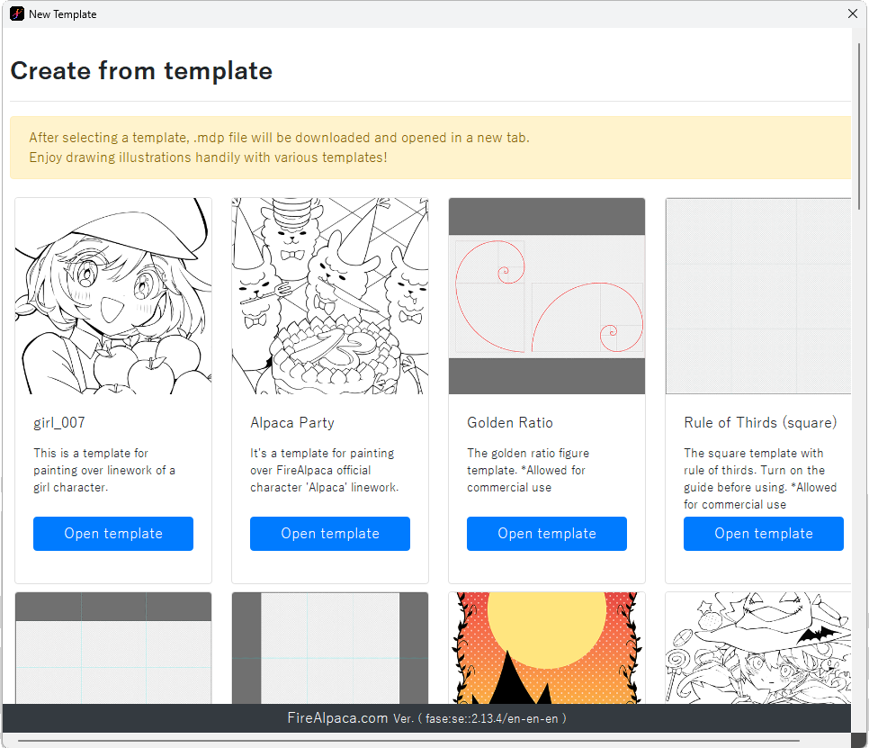 Окно Create from template в FireAlpaca с готовыми шаблонами