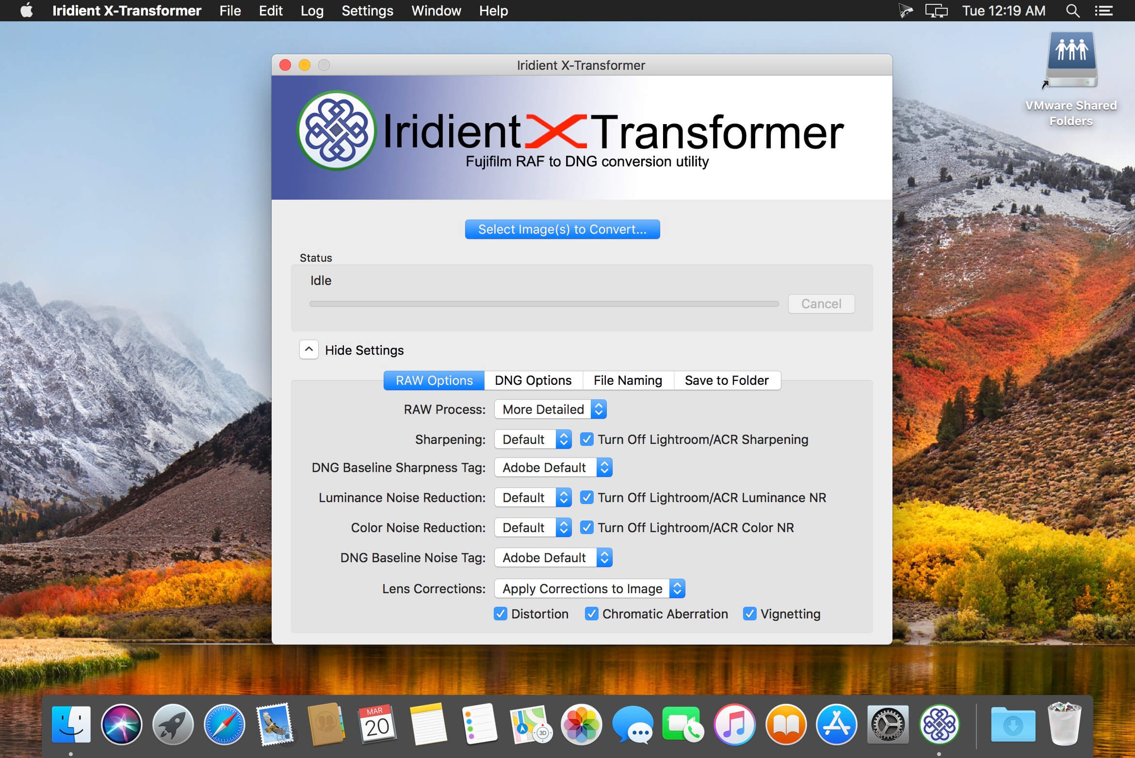 Iridient X-Transformer с вкладкой RAW Options на macOS