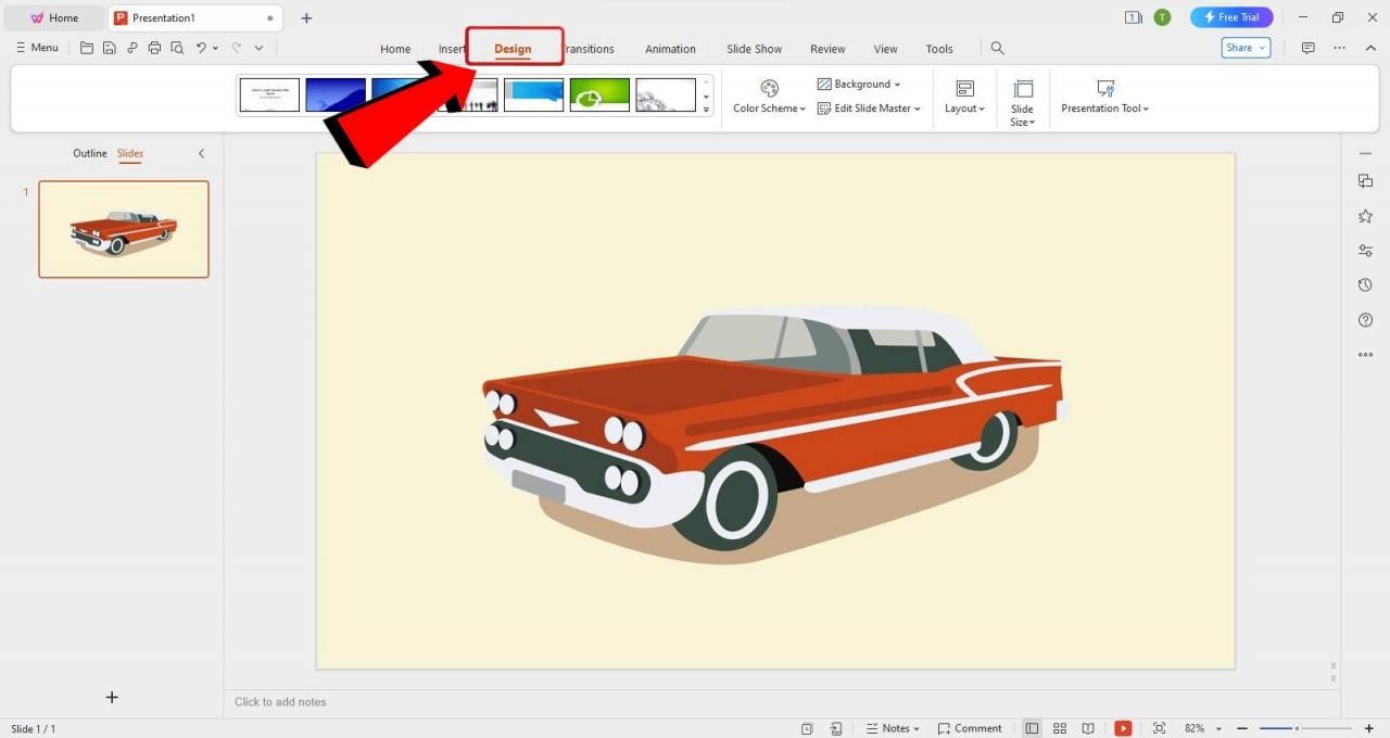 Вкладка Design в Kingsoft Presentation / WPS Presentation с темами оформления и кнопкой Background