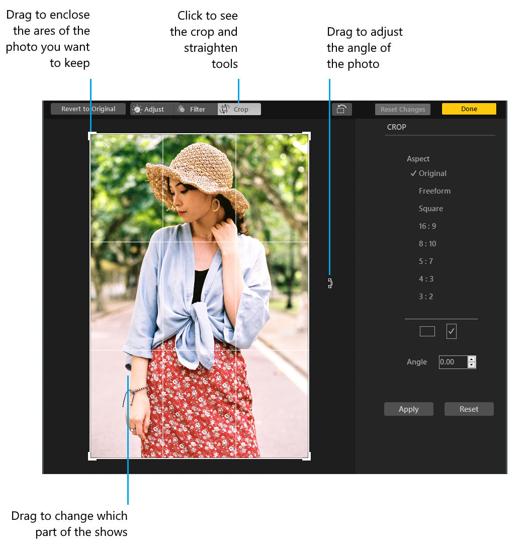 Инструмент Crop в Phototheca с кнопками Apply, Reset и Done