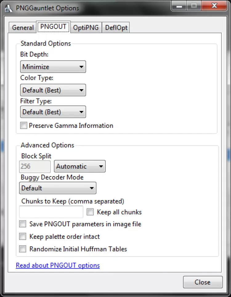 Окно PNGGauntlet Options с вкладкой PNGOUT