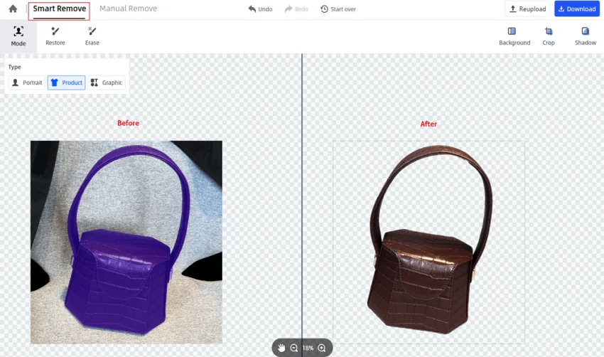Интерфейс Smart Remove после автоматического удаления фона
