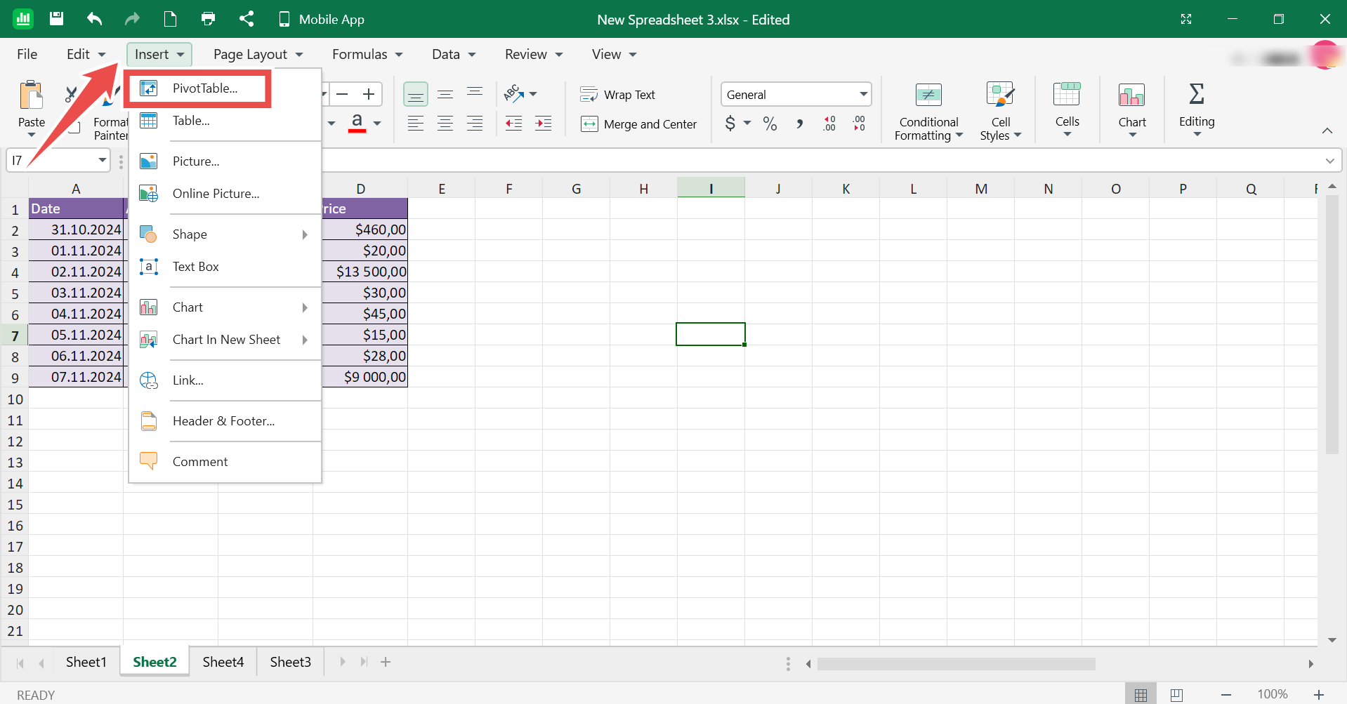 MobiSheets: создание сводной таблицы через Insert → PivotTable