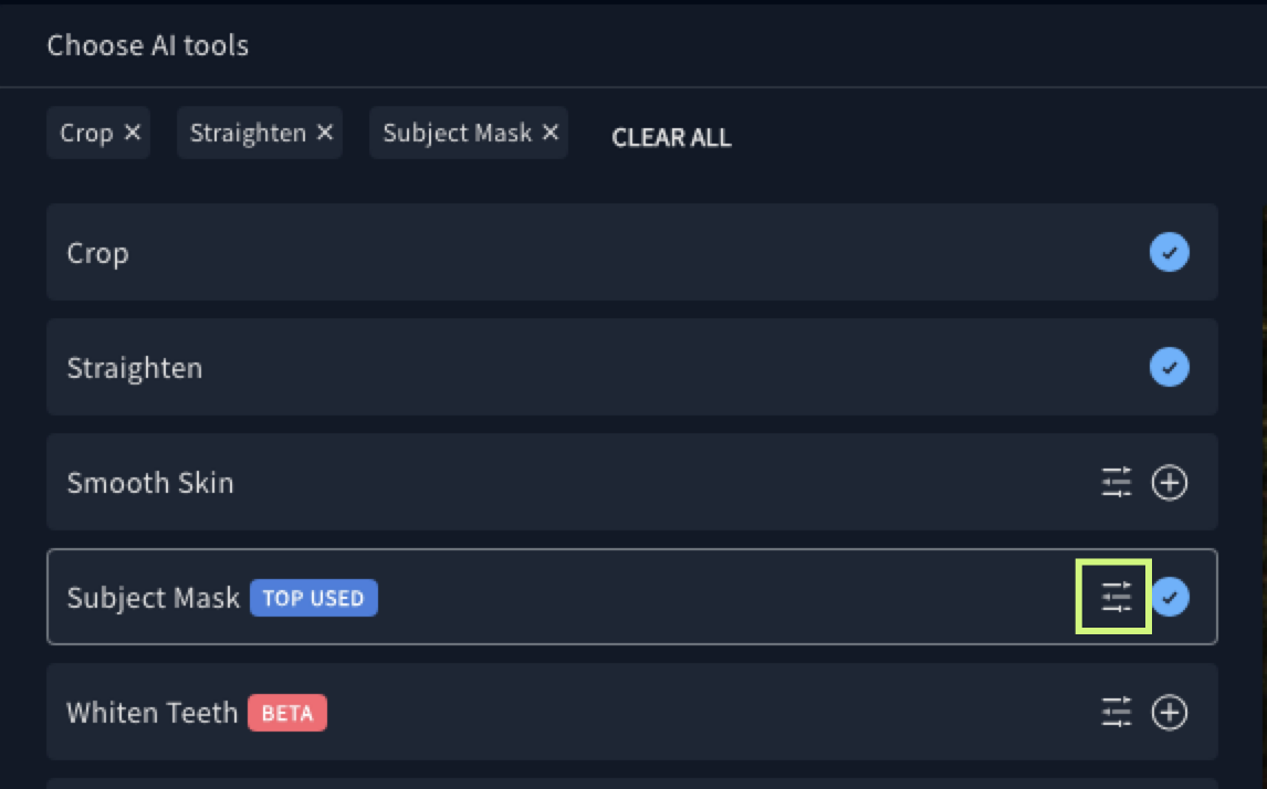 Imagen AI: настройка Subject Mask через кнопку Adjust
