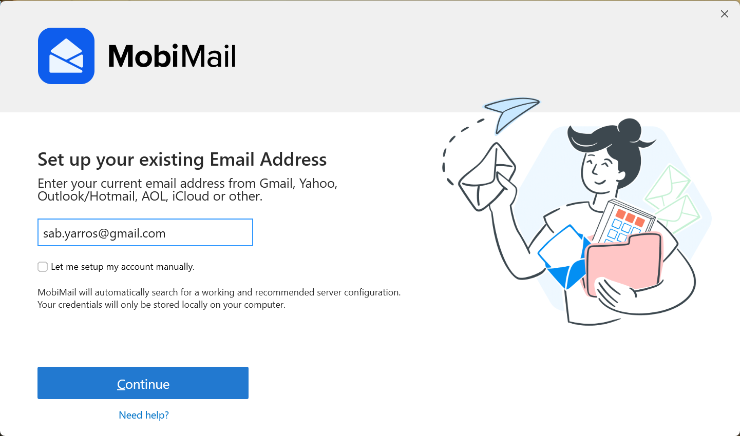 MobiMail: экран добавления почтового аккаунта