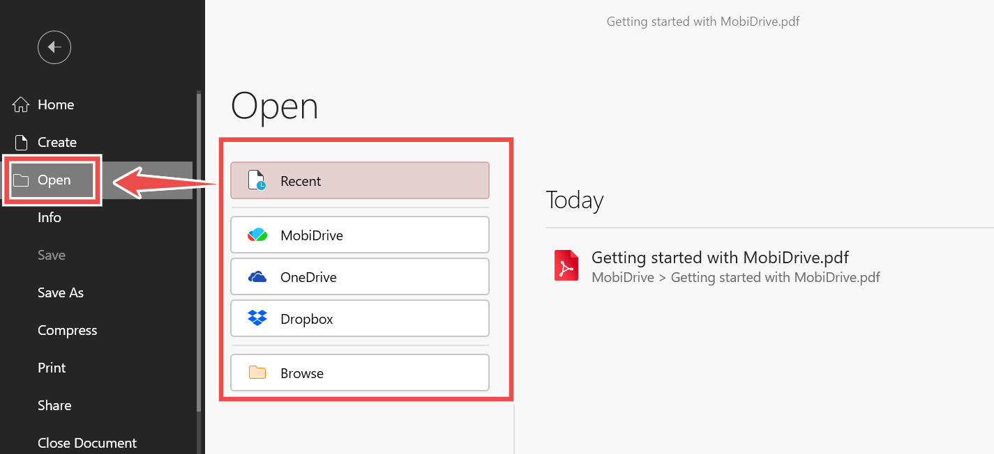 MobiPDF Reader в составе MobiOffice: экран открытия PDF-файла
