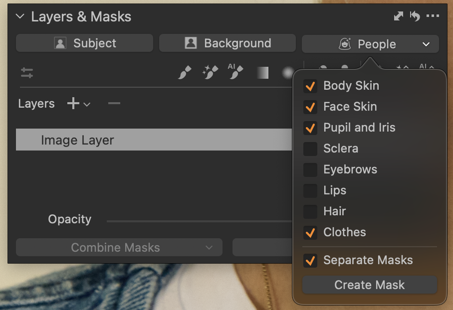 Панель Layers & Masks с People Masking в Capture One Pro