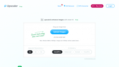 Главный экран AI Image Upscaler by StockPhotos.com с кнопкой Upload Images и выбором режима апскейла