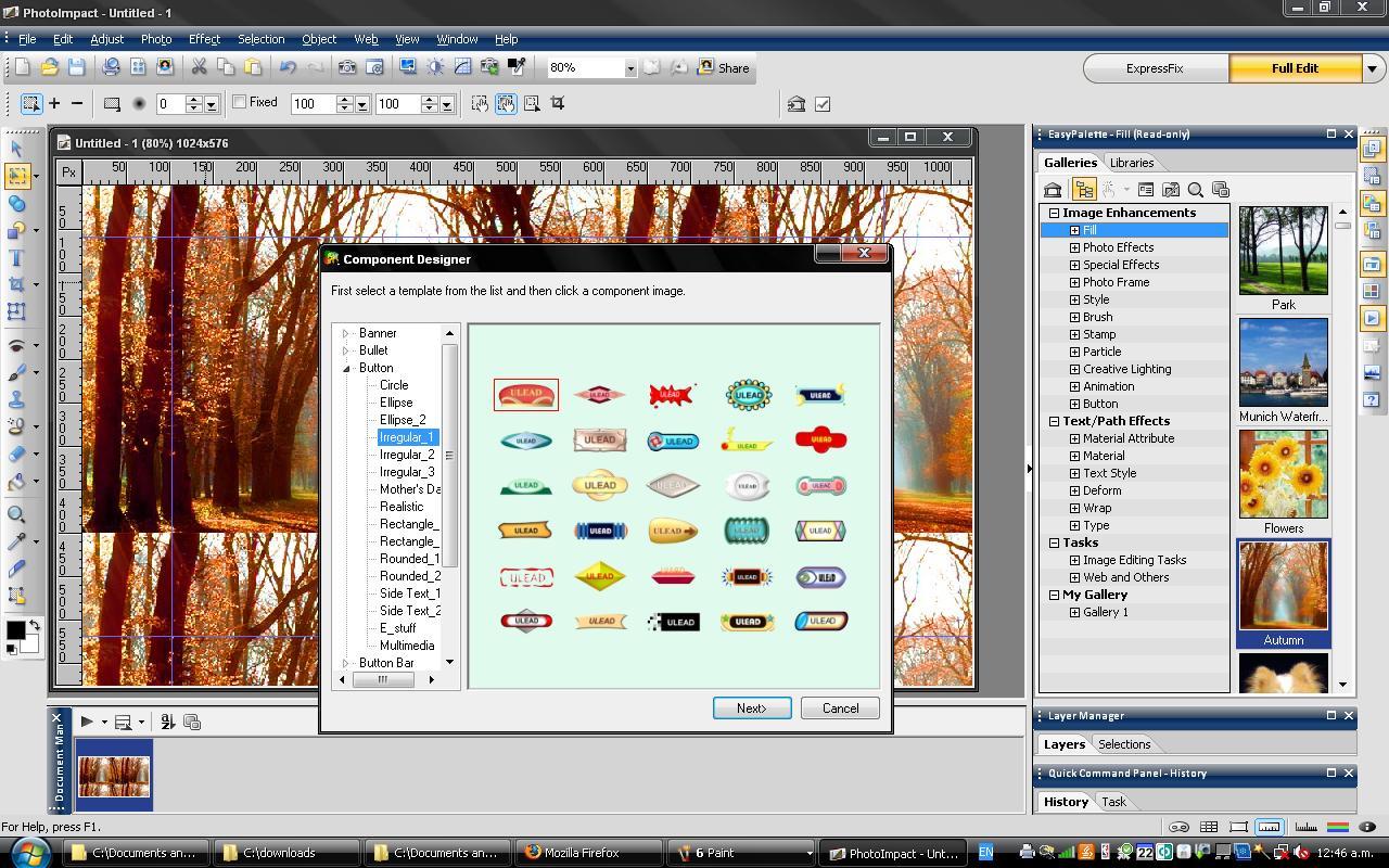 Component Designer в Ulead PhotoImpact X3: выбор шаблона кнопки и готовых декоративных компонентов
