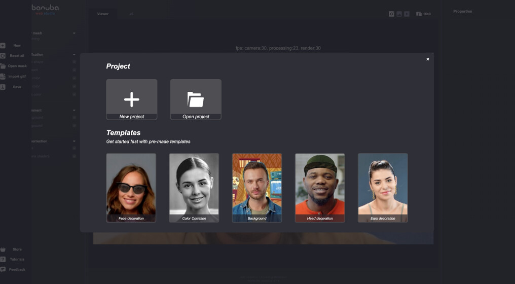 Стартовый экран Banuba Web Studio с New Project, Open Project и шаблонами эффектов