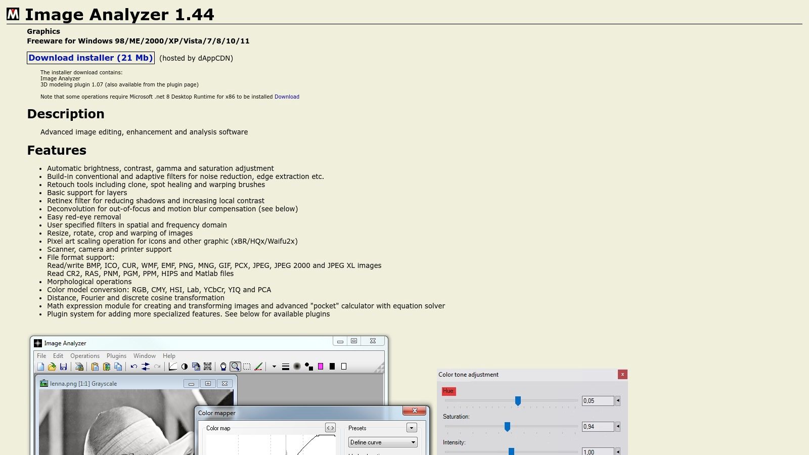 Главное окно MeeSoft Image Analyzer с открытым изображением, панелью инструментов и диалогом Color mapper