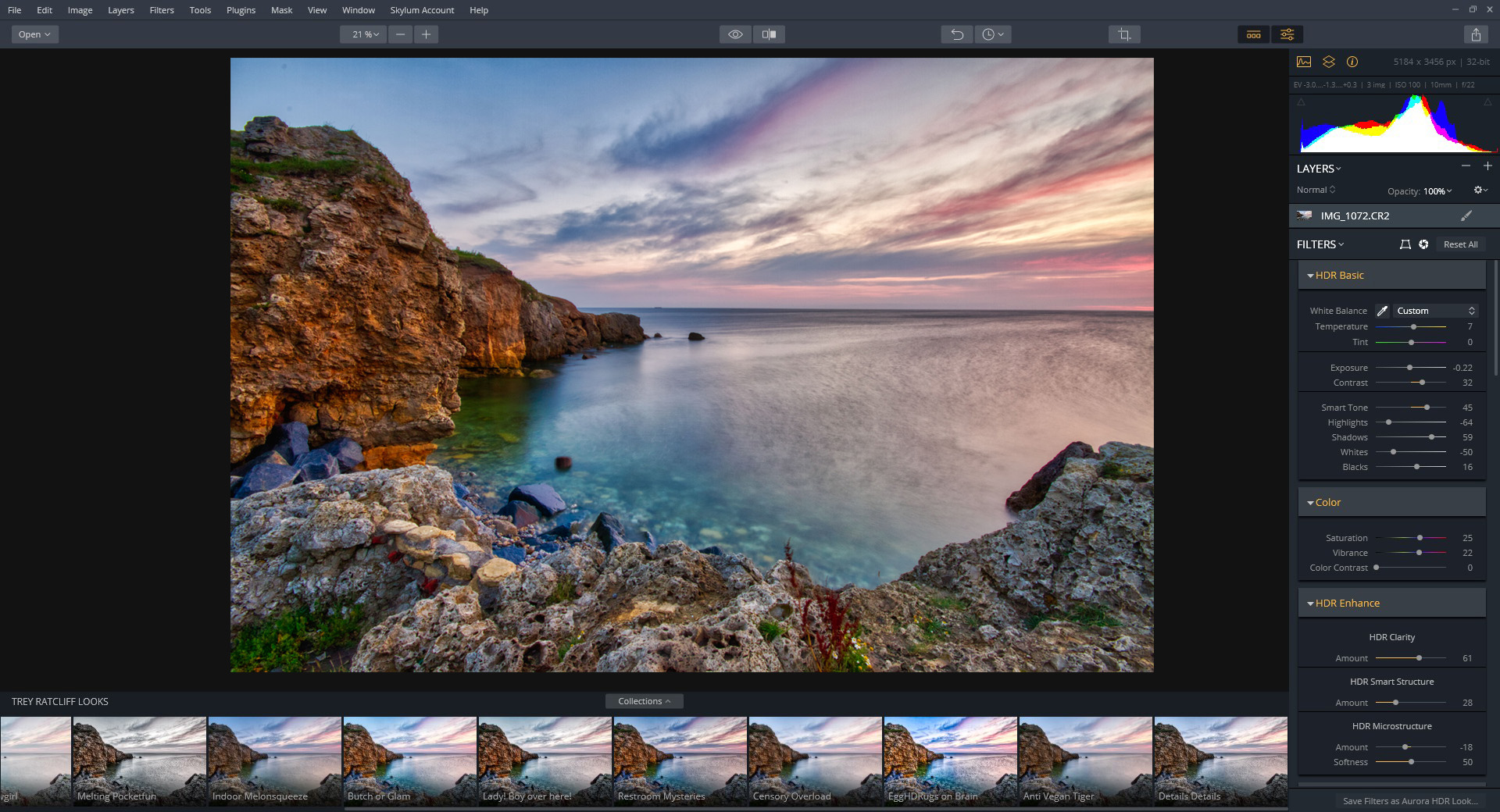 Интерфейс Aurora HDR 2019 с открытой фотографией, панелью Layers, Histogram и Filters
