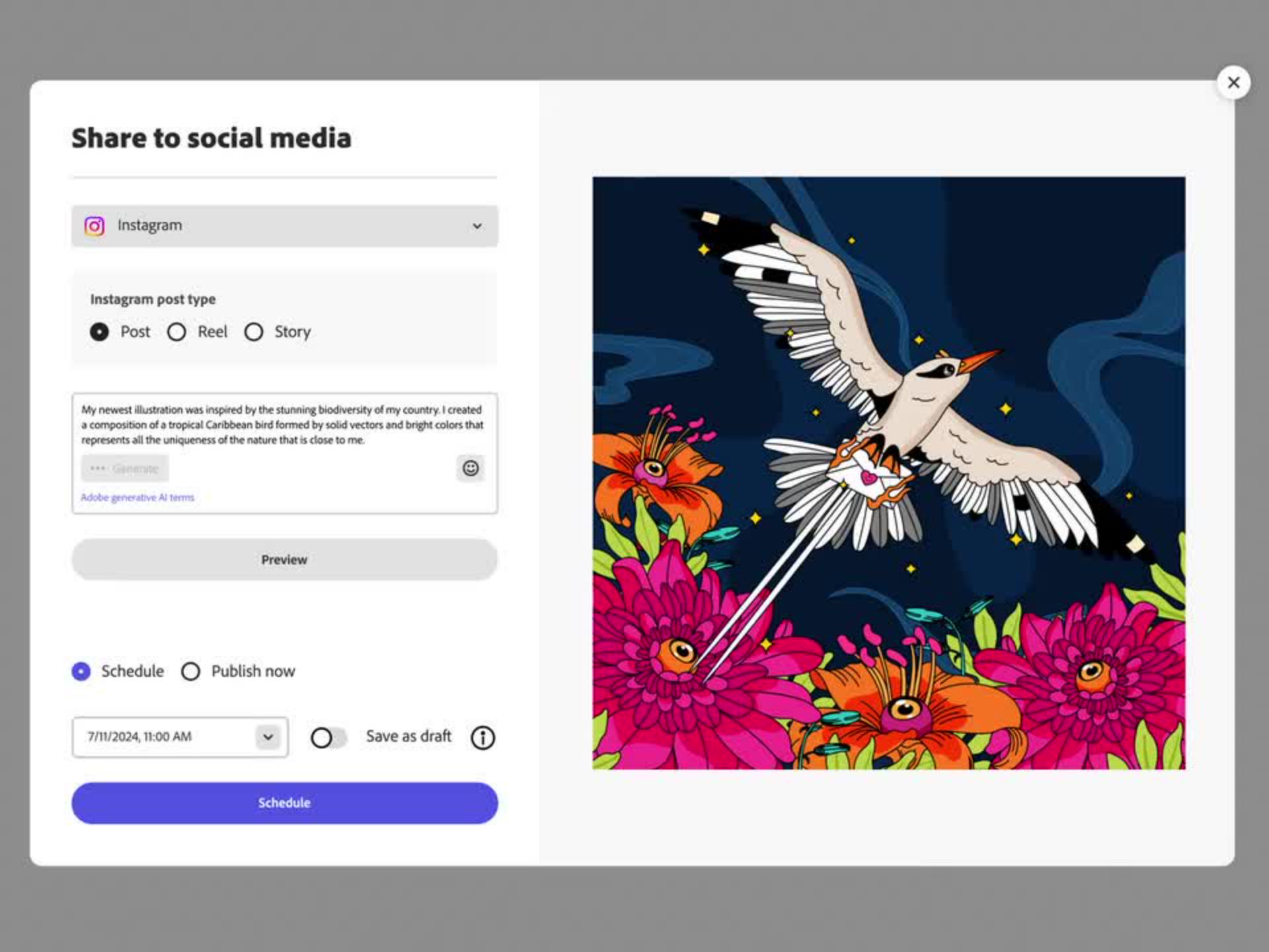 Окно планирования публикации в Adobe Express