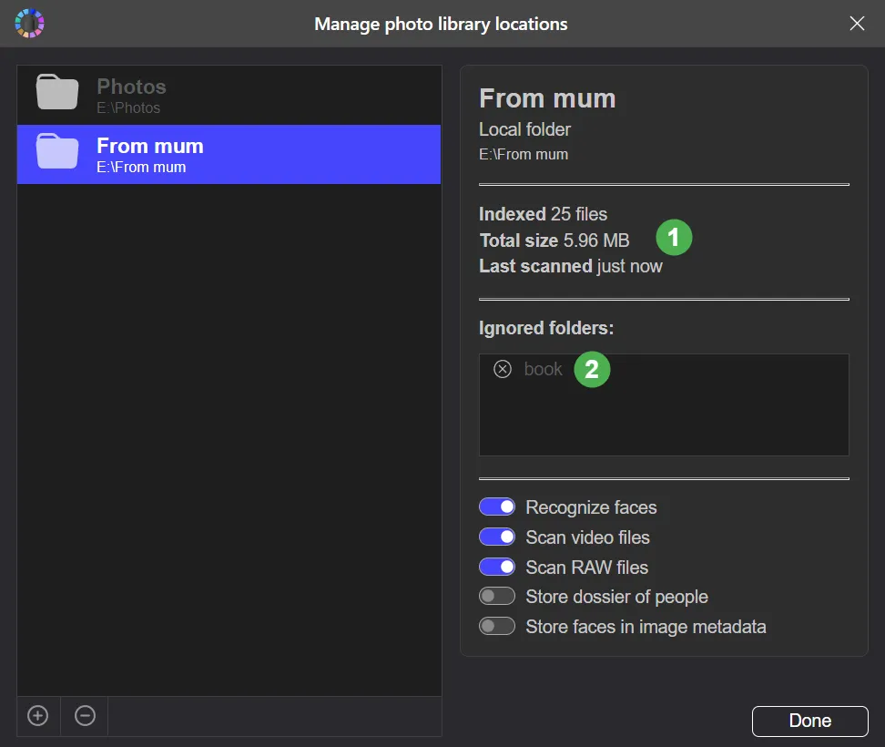 Окно Manage photo library locations с настройками индексируемой папки