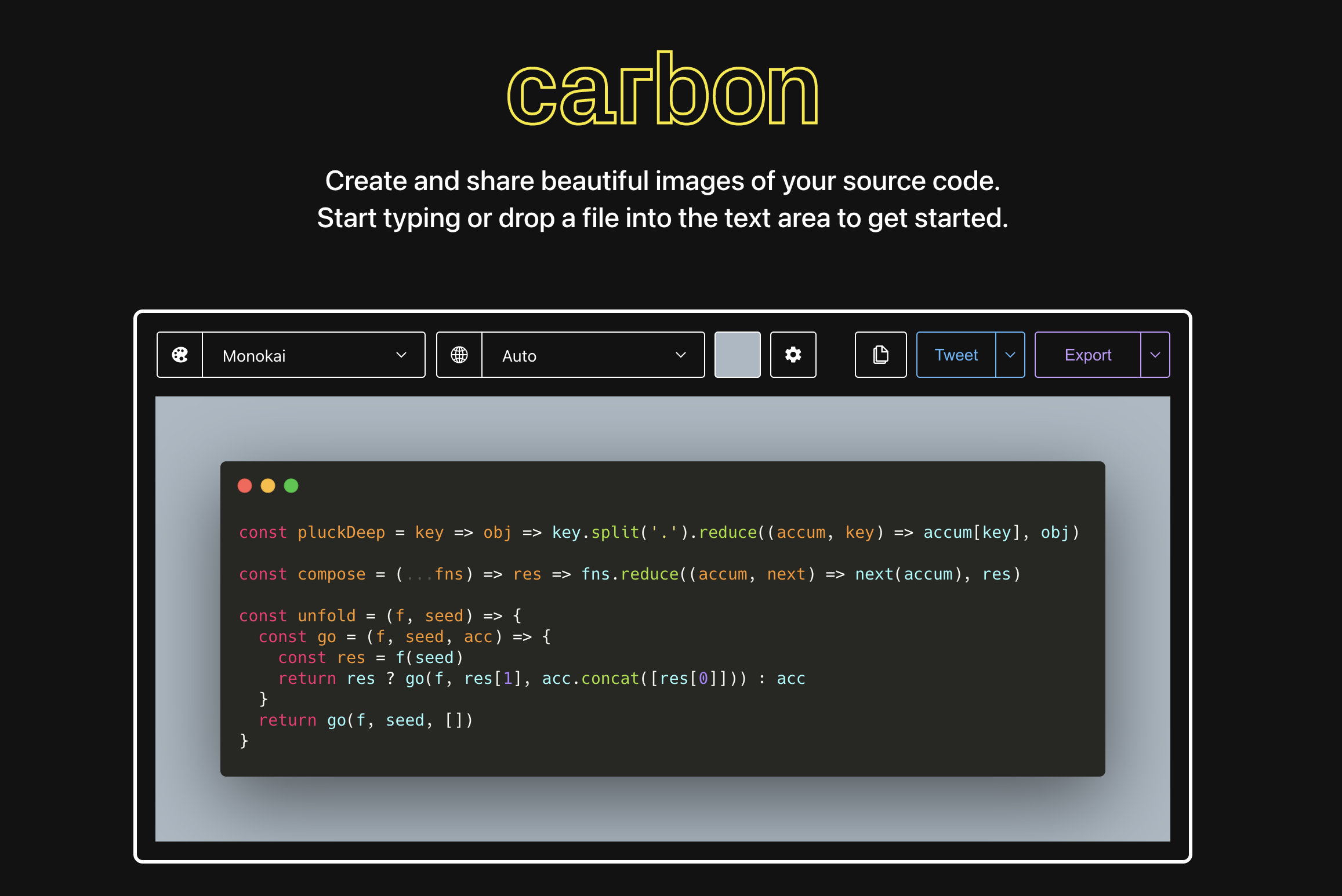 Общий вид интерфейса Carbon с верхней панелью, областью кода и кнопкой Export