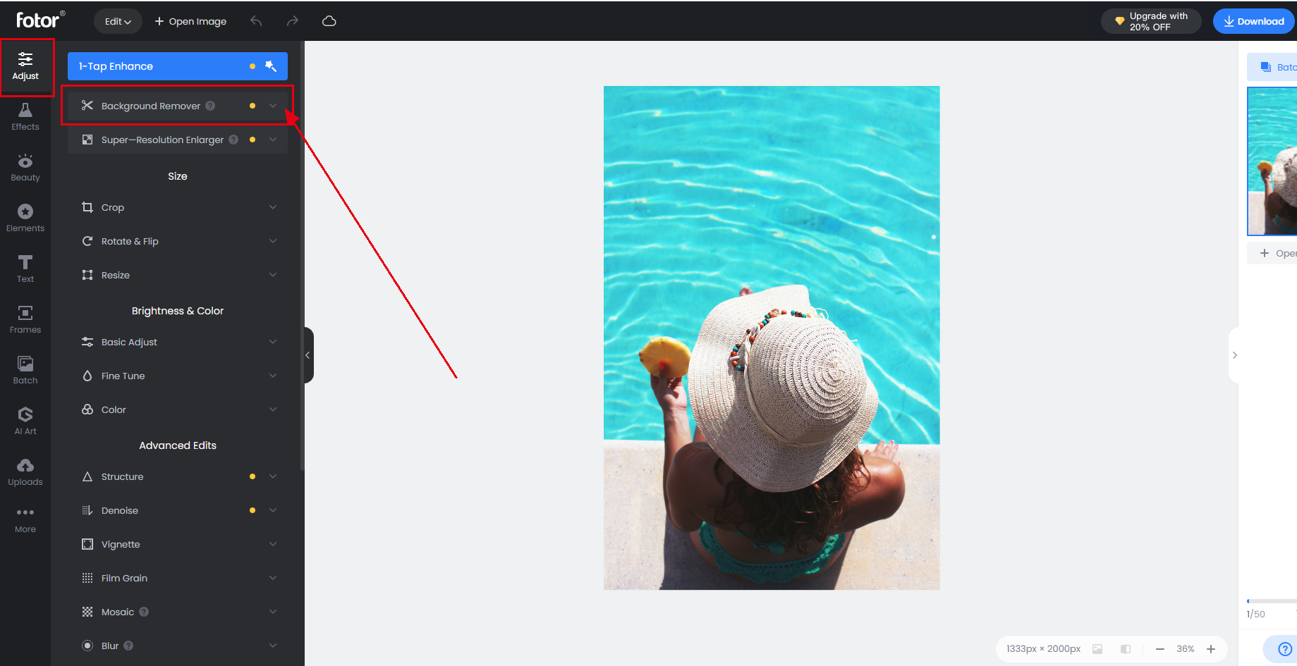 Инструмент 1-Tap Enhance и панель Adjust в Fotor