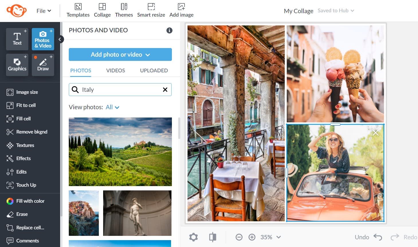 Заполнение коллажа в PicMonkey: вкладка Photos & Video, кнопка Add photo or video и ячейки с изображениями