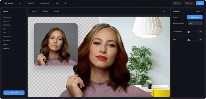 Banuba Studio: интерфейс редактора эффектов с панелью Layers, Viewer и настройками справа