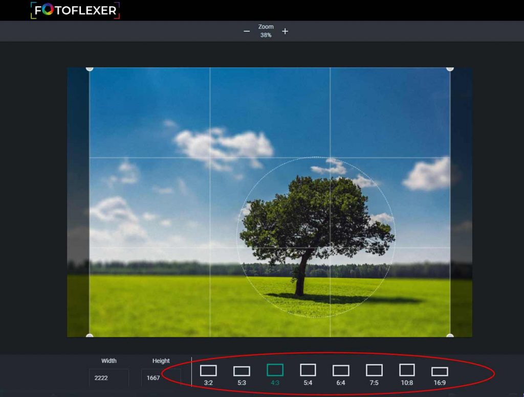 Инструмент Crop в FotoFlexer с сеткой кадрирования и выбором соотношений сторон 3:2, 5:3, 4:3, 5:4, 6:4, 7:5, 10:8 и 16:9