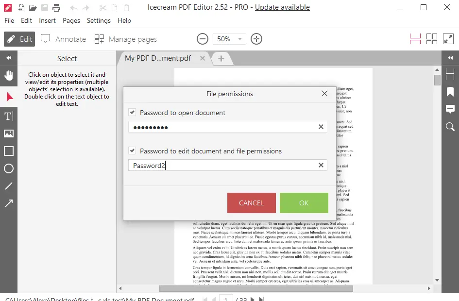 Окно File permissions с паролем на открытие и редактирование PDF