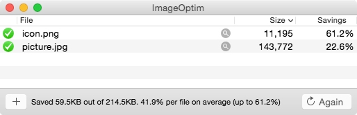 Главное окно ImageOptim после оптимизации PNG и JPEG