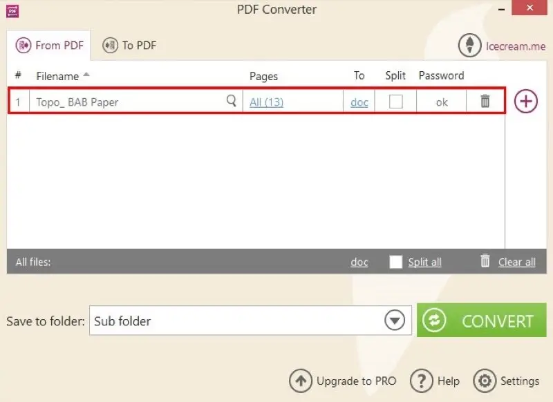 Очередь во вкладке From PDF с колонками Filename, Pages, To, Split и Password