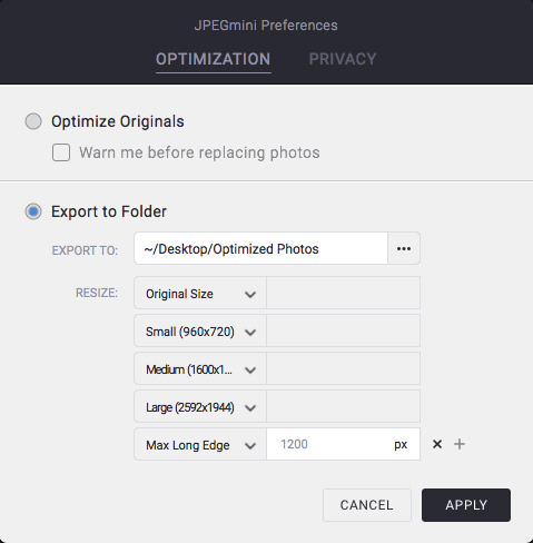 Окно JPEGmini Preferences с настройкой Export to Folder, Resize и несколькими выходными размерами