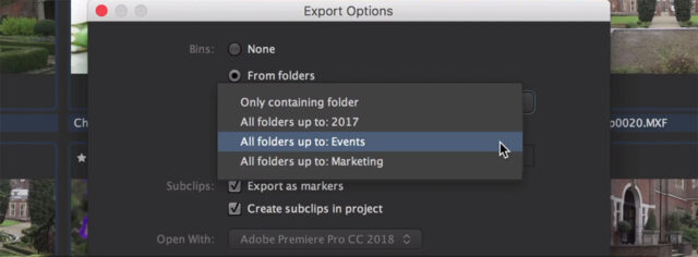 Kyno: диалог Export Options с настройками Bins и Subclips для Adobe Premiere Pro