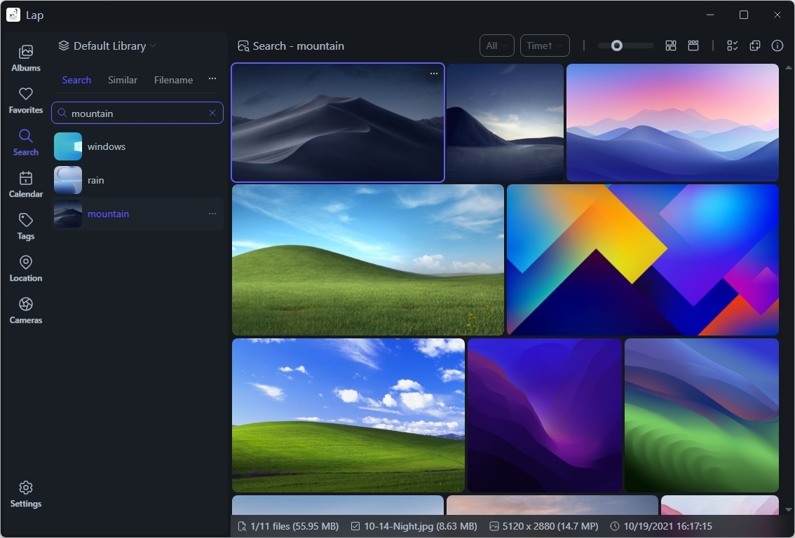 AI-поиск в Lap Photo Manager по запросу mountain