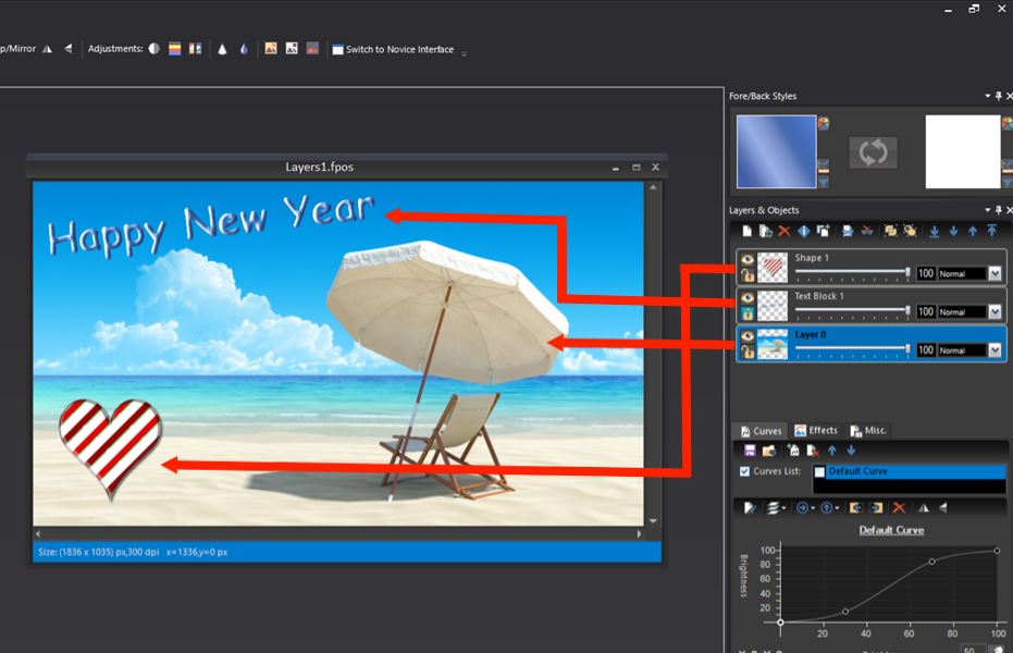 Photo Pos Pro — пример многослойной композиции и панели Layers & Objects