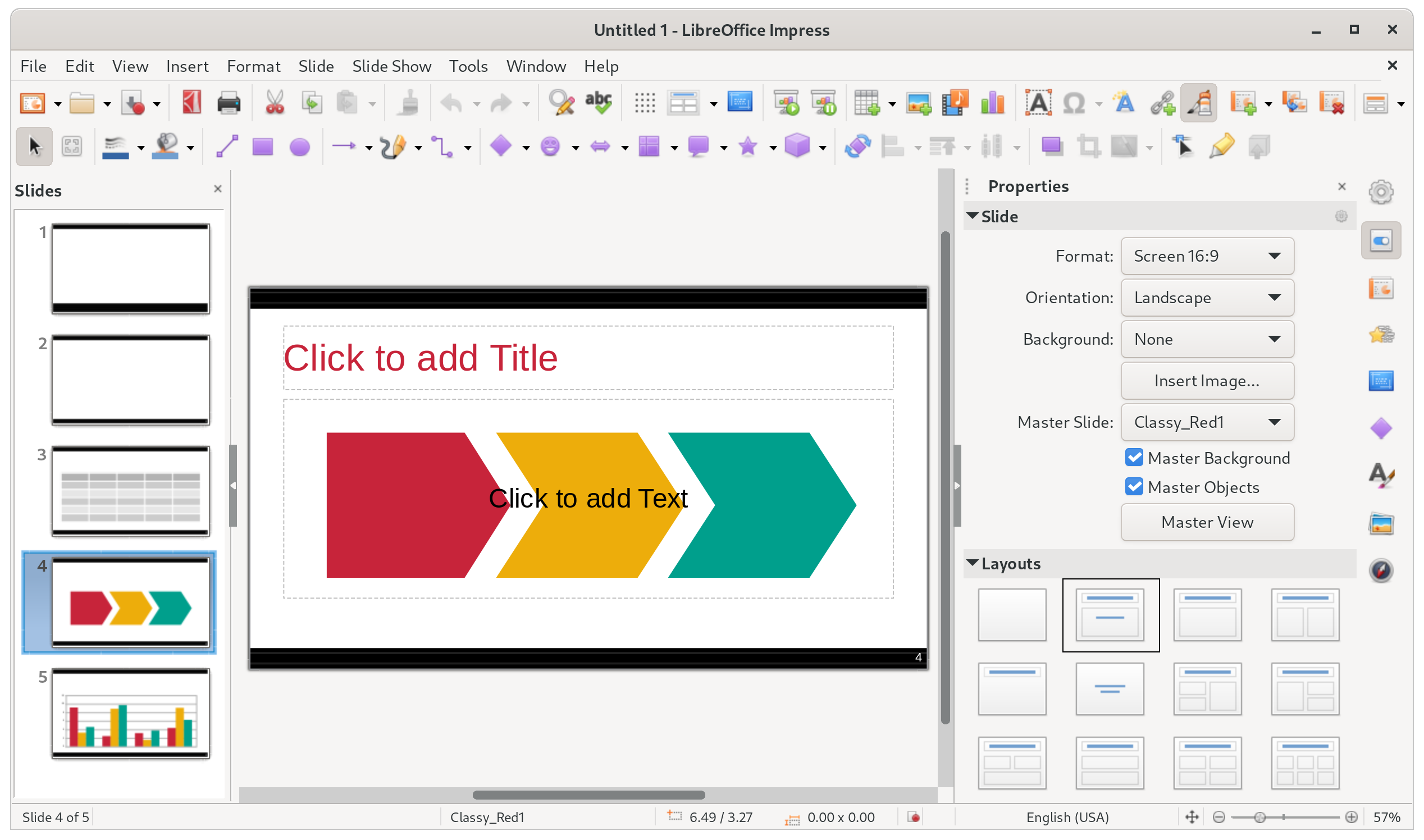 Окно LibreOffice Impress с панелью слайдов, рабочей областью и боковой панелью свойств