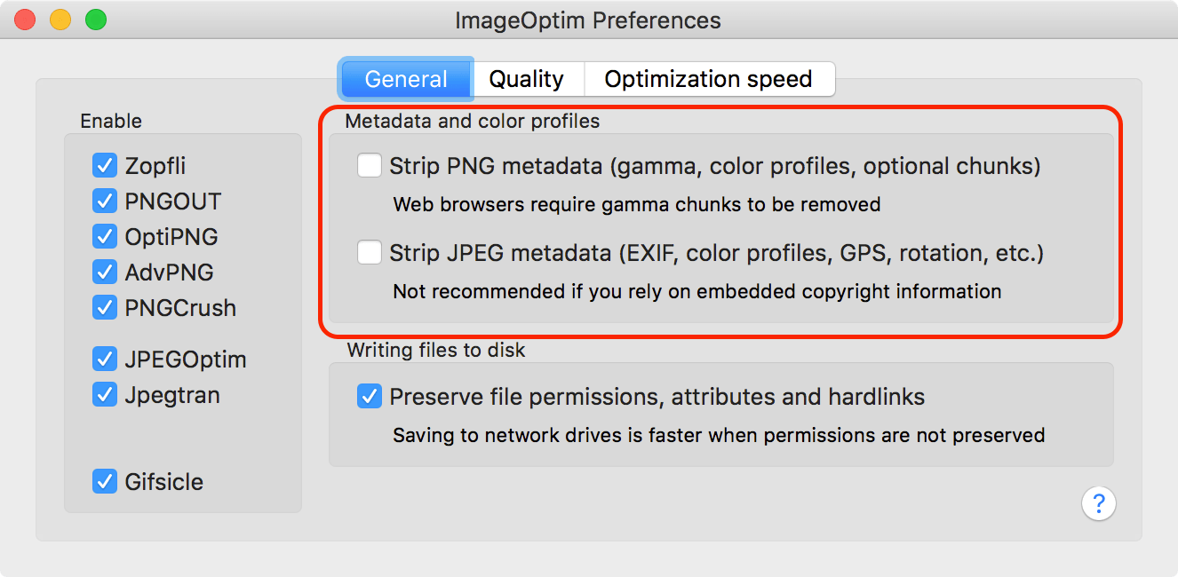 Окно ImageOptim Preferences с настройками General