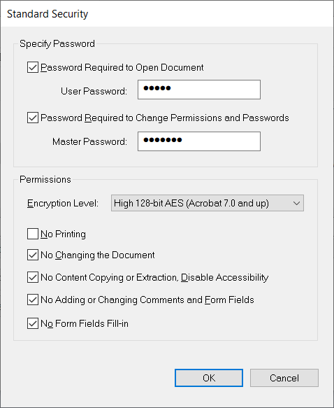 Окно Standard Security с настройками пароля в CutePDF Writer