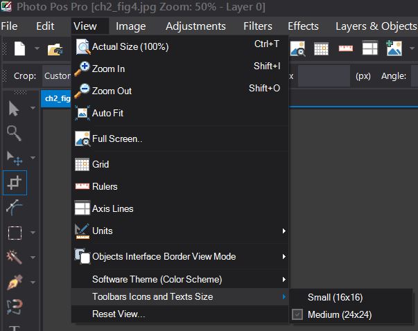 Photo Pos Pro — настройка размера иконок через View -> Toolbars Icons and Texts Size