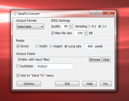 SendTo-Convert — профиль обработки с форматом, JPEG-настройками, Resize и Output Folder