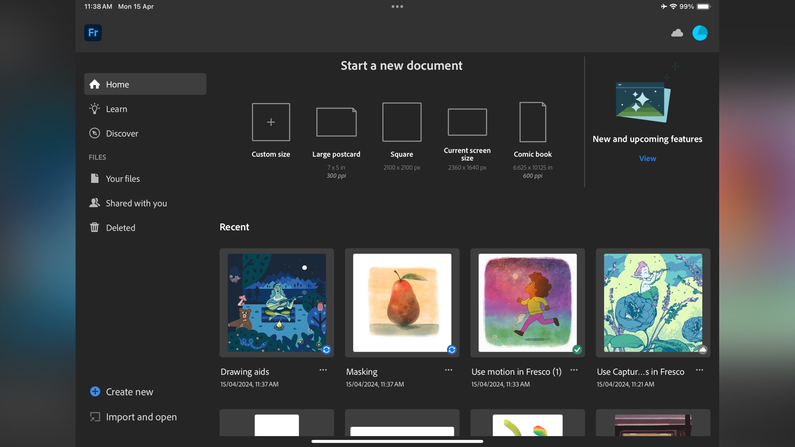 Adobe Fresco: домашний экран и создание нового документа