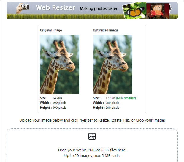 Web Resizer — сравнение Original Image и Optimized Image