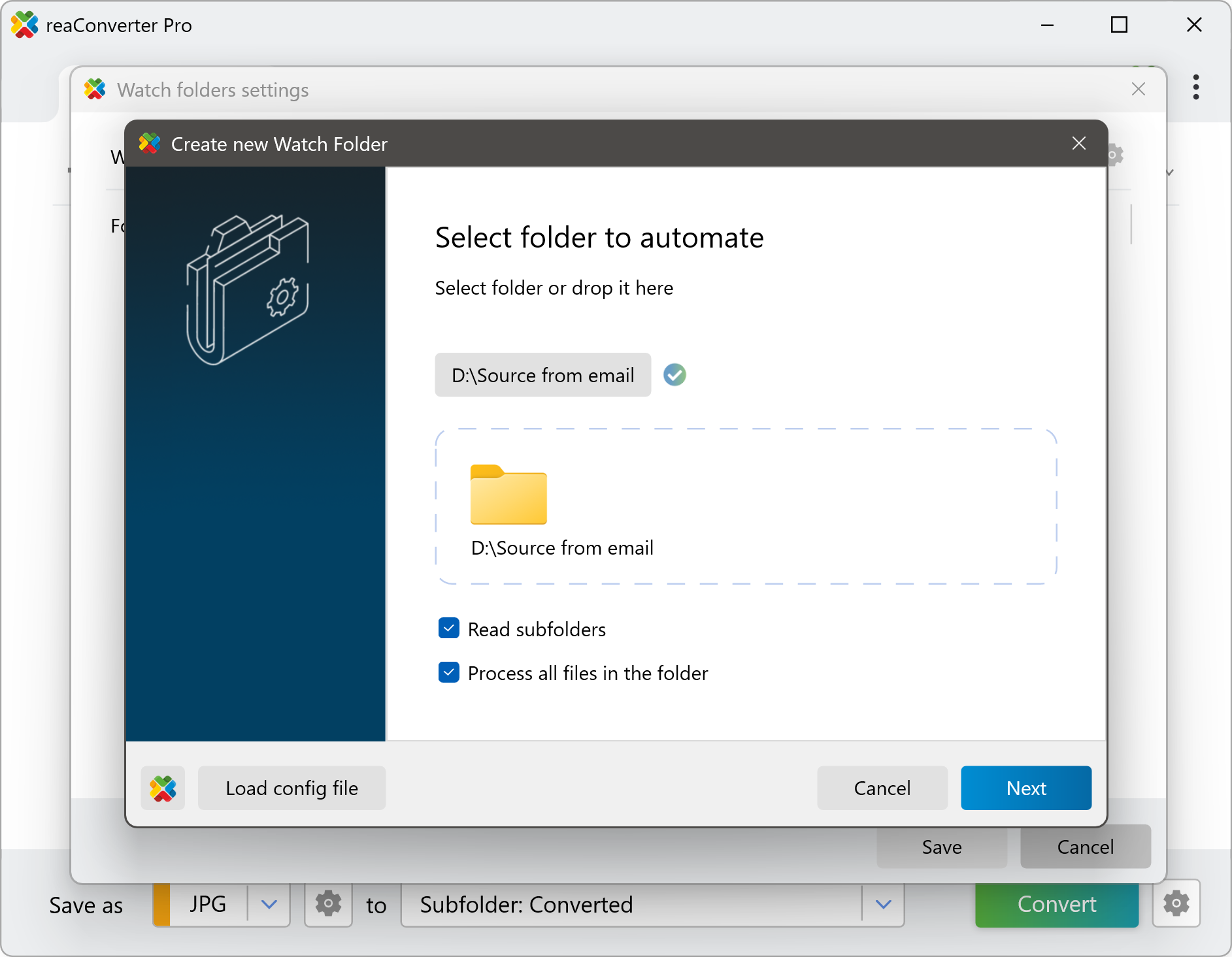 Настройки исходной папки Watch Folder: Read subfolders и Process all files in the folder