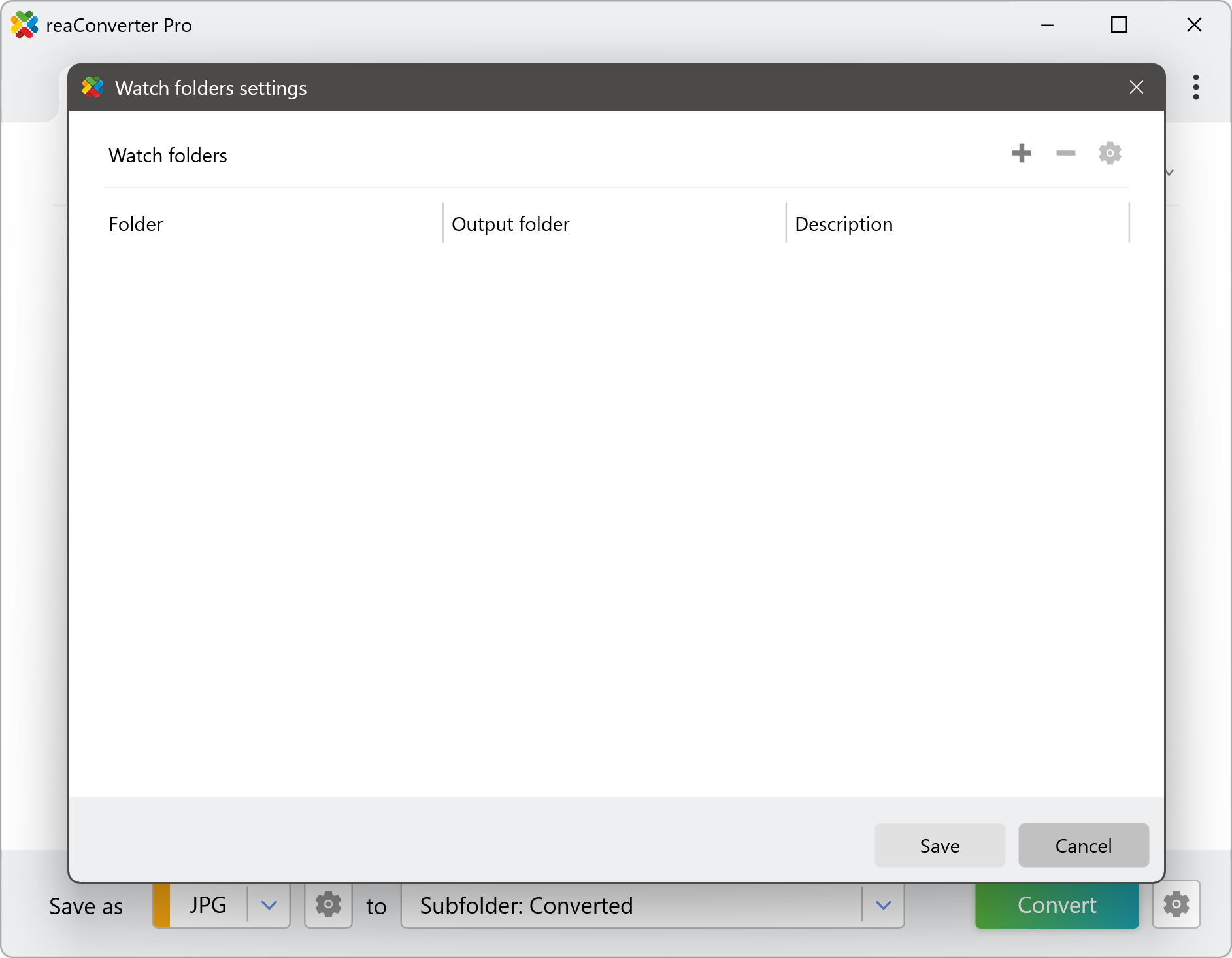 Окно Watch folders settings в reaConverter Pro