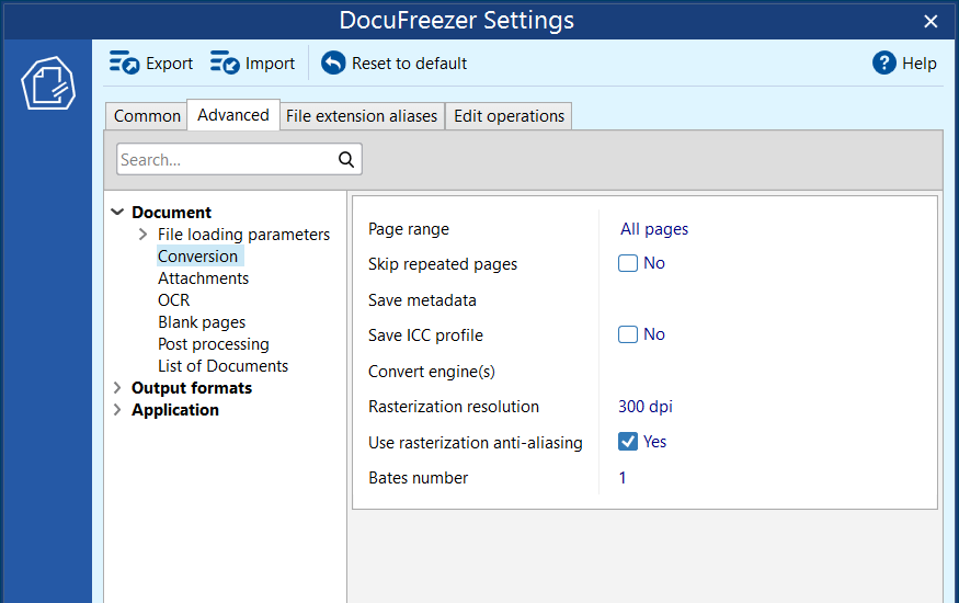 DocuFreezer Settings: вкладка Advanced с деревом параметров