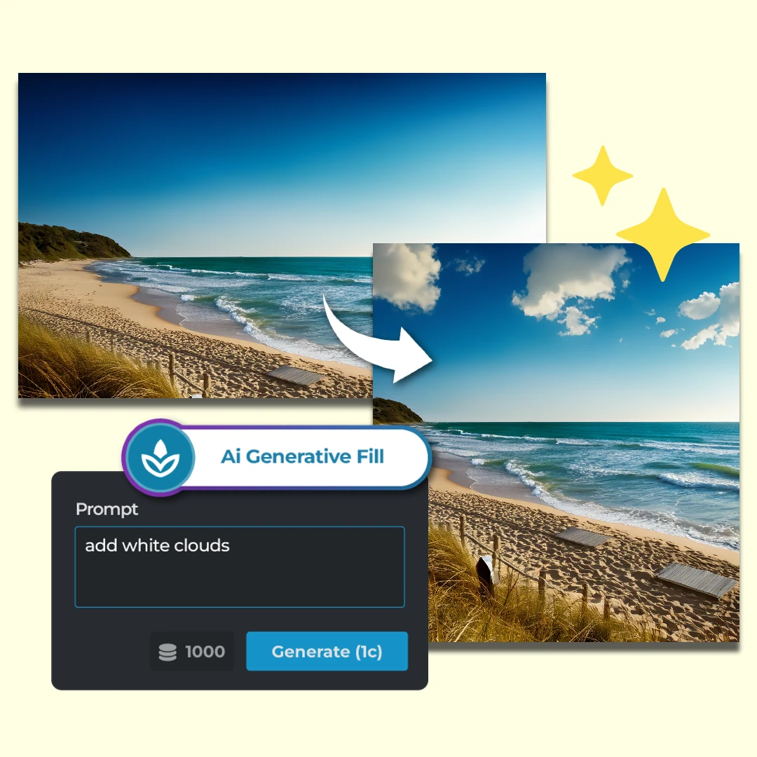 Pixlr AI Generative Fill: пример добавления облаков по запросу