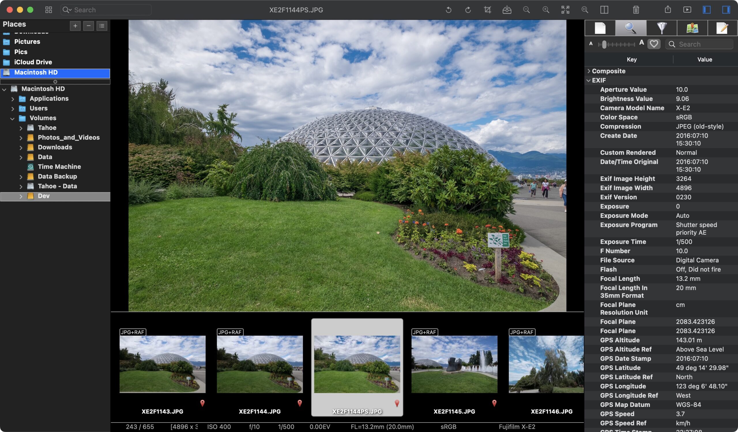 ApolloOne Photo Video Viewer — главное окно с фото, плёнкой и инспектором EXIF