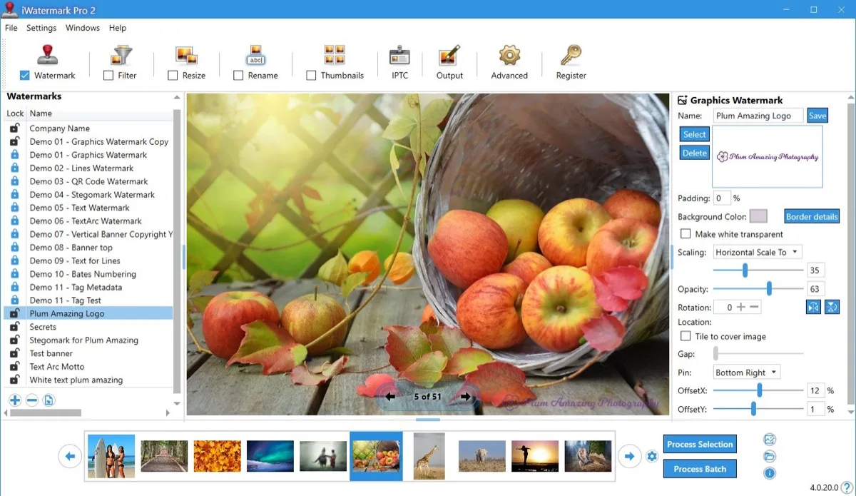 Настройка Graphics Watermark в iWatermark Pro 2: выбор логотипа, прозрачность, масштабирование, позиция, привязка и смещения